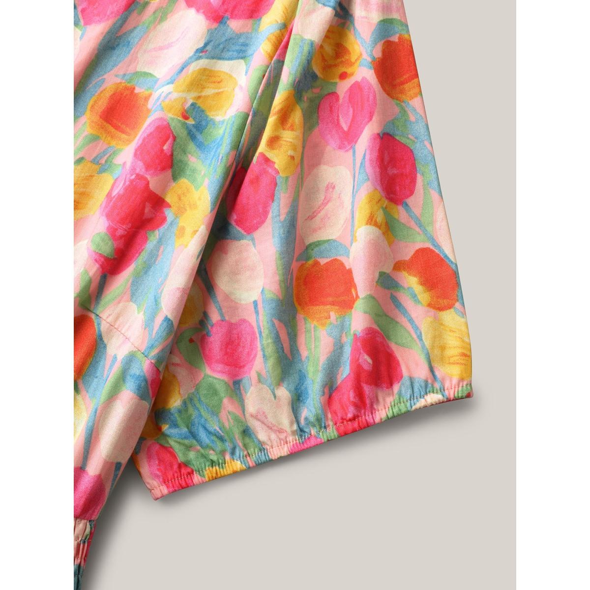 Plus Size Cotton Rosy Garden Shirred Waist Pockets Midi Dress Blush Women Playful Notched collar Short sleeve Curvy BloomChic 28/5X Product Image