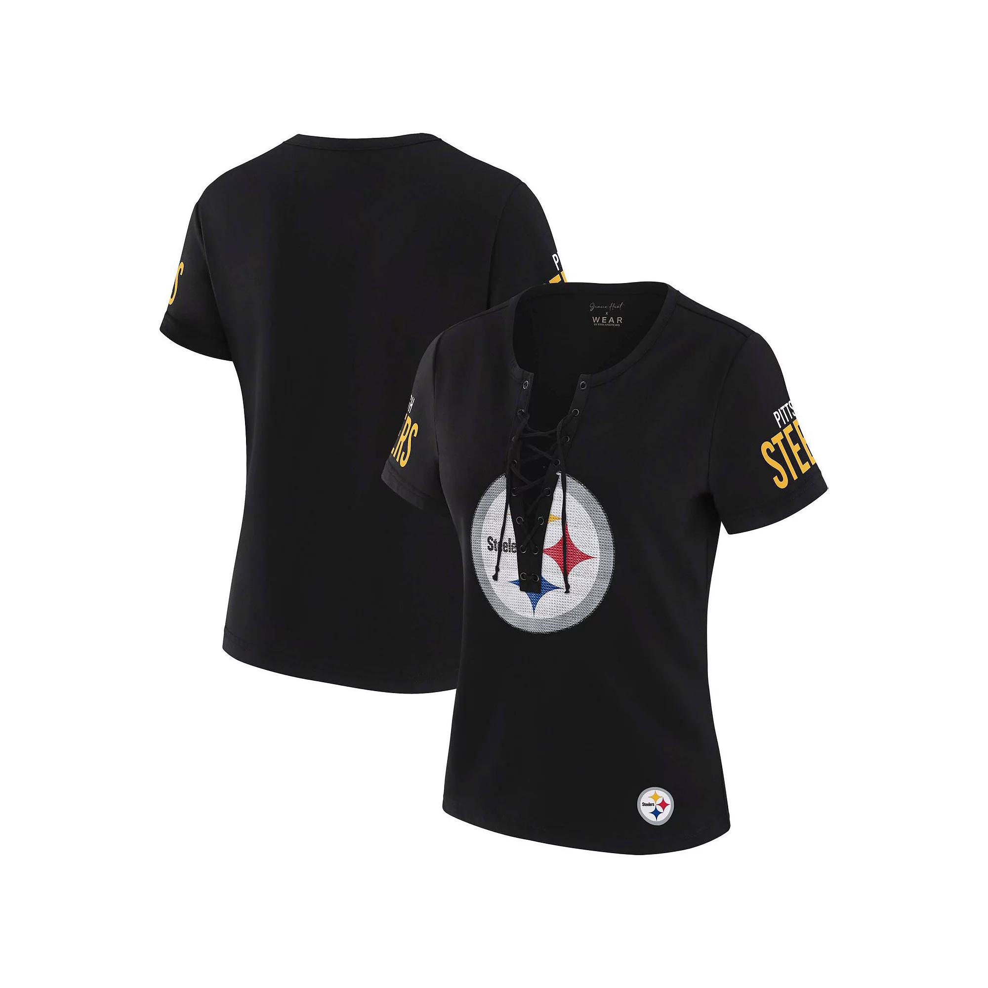 Women's WEAR by Erin Andrews x Gracie Hunt Black Pittsburgh Steelers Draft Me Lace-Up T-Shirt, Size: Small Product Image