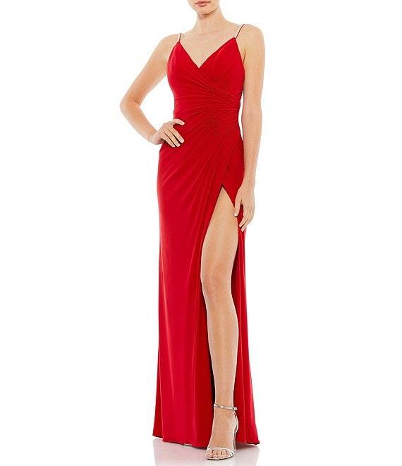 Mac Duggal Jersey Surplice V-Neck Rhinestone Spaghetti Strap Sleeveless Ruched Thigh High Slit Open Back Detail Faux Wrap Gown Product Image