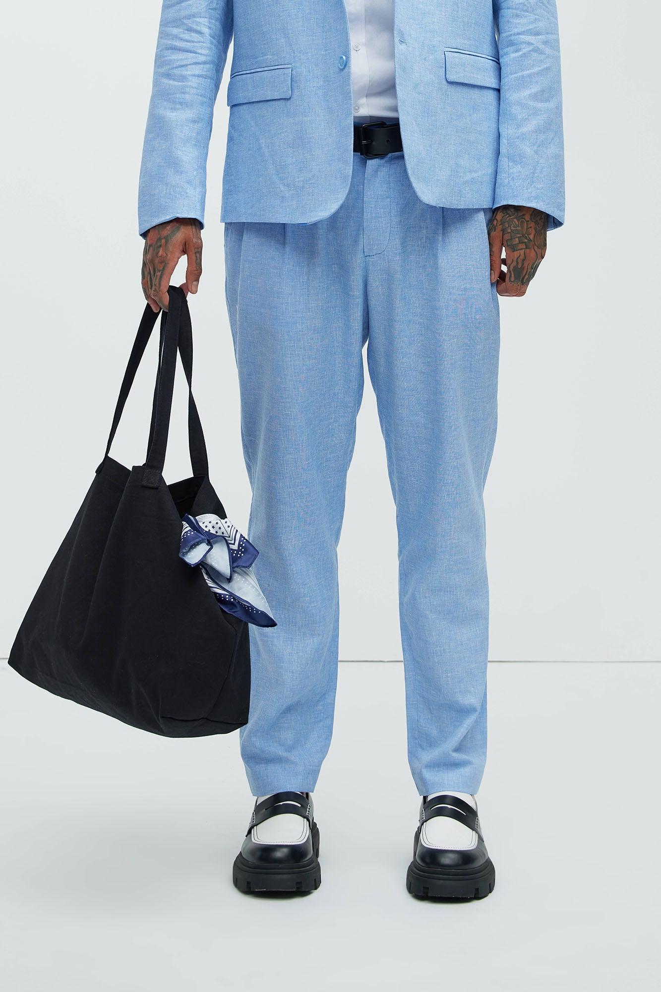 Bahamas Straight Pleated Linen Trousers - IceBlue Product Image