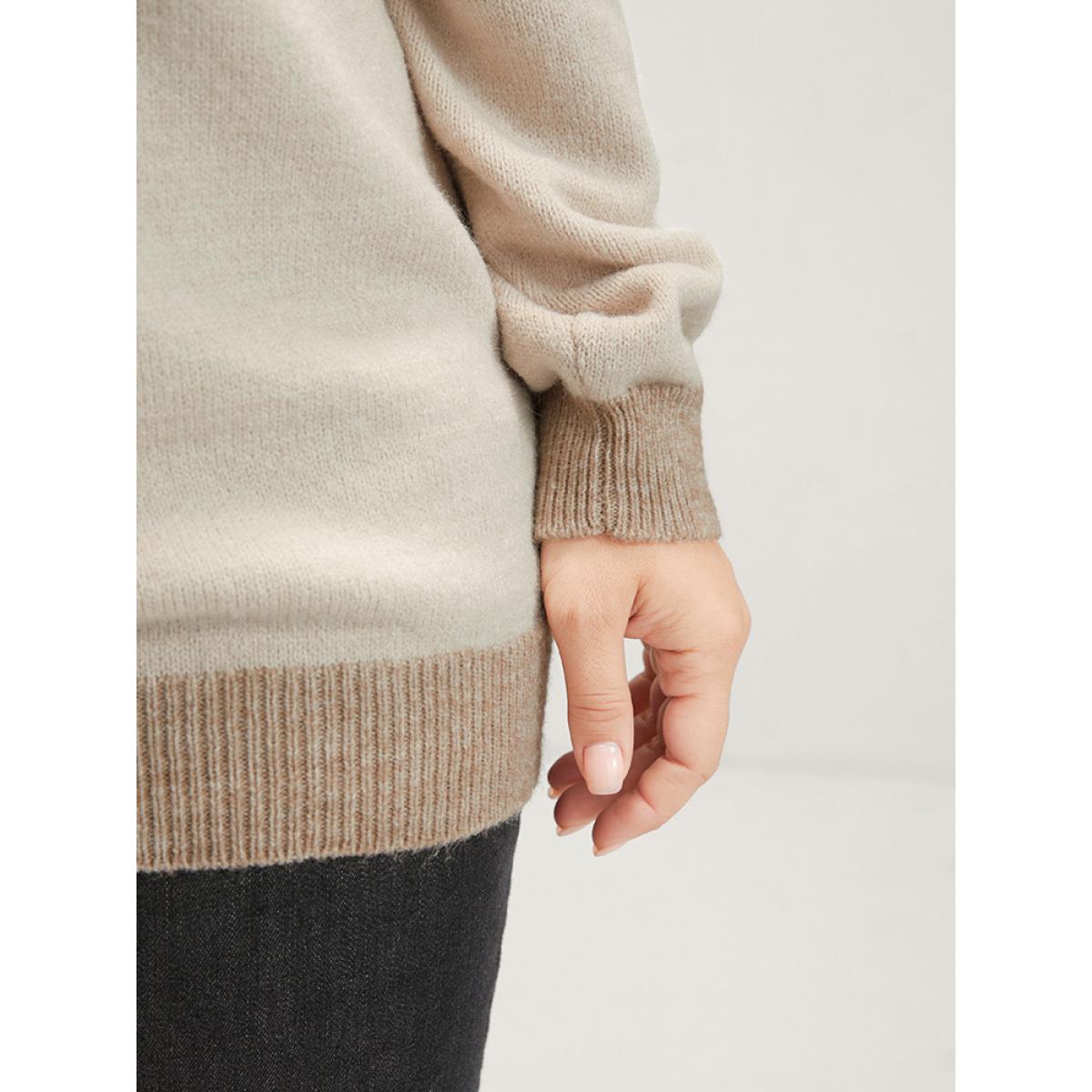 Plus Size Geometric Contrast Soft Pointelle Knit Jacquard Round Neck Knit Top Beige Women Casual Loose Long Sleeve Round Neck Dailywear Pullovers BloomChic 18-20/2X Product Image