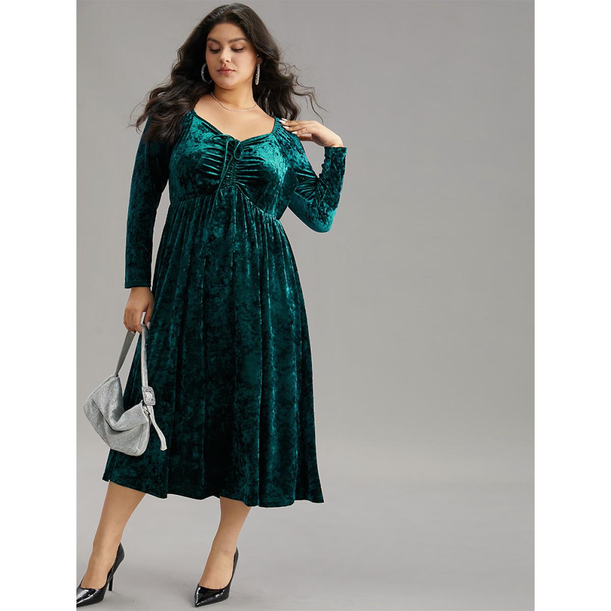 Plus Size Velvet Ruched Ties Pocket Square Neck Dress Teal Women Glamour Elastic cuffs Square Neck Long Sleeve Curvy Midi Dress BloomChic 18-20/2X Product Image