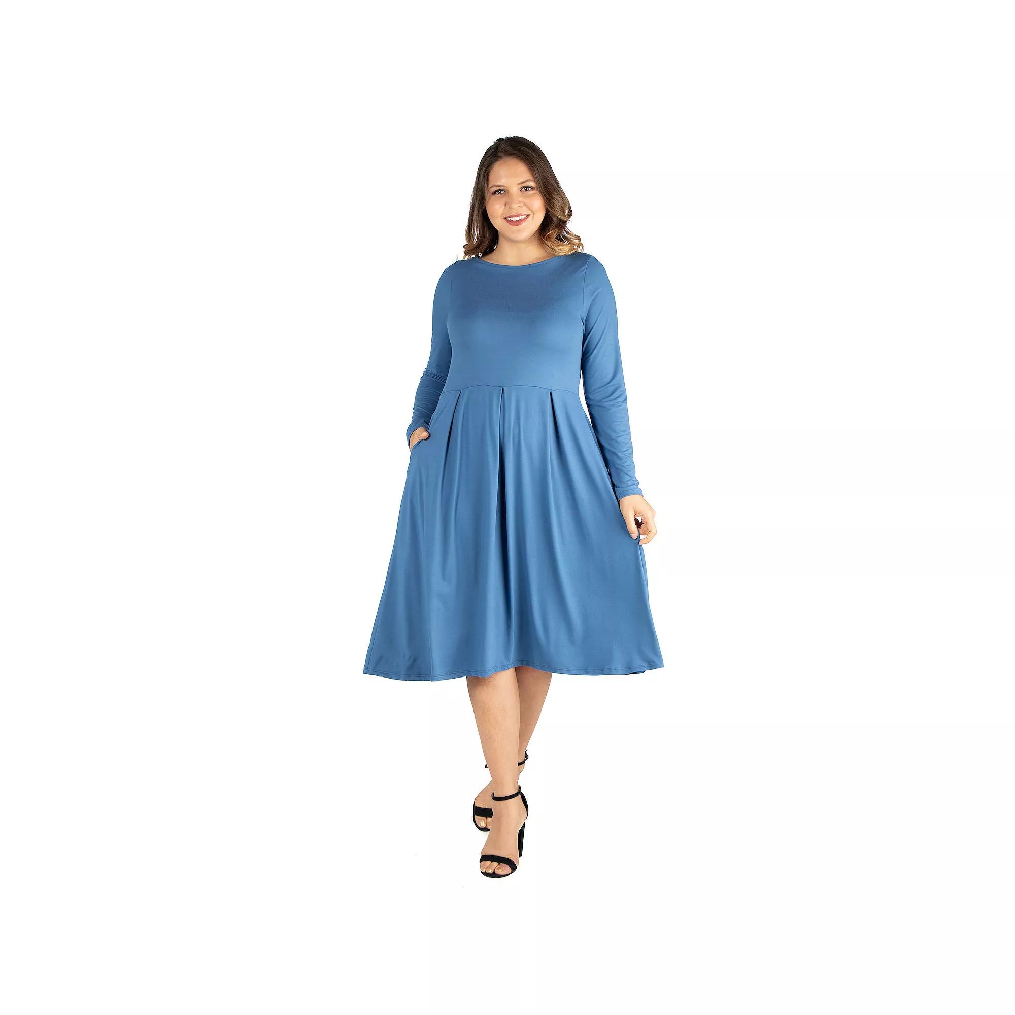Plus Size 24seven Comfort Apparel Long Sleeve Fit and Flare Midi Dress, Women's, Size: 2XL, Light Blue Product Image