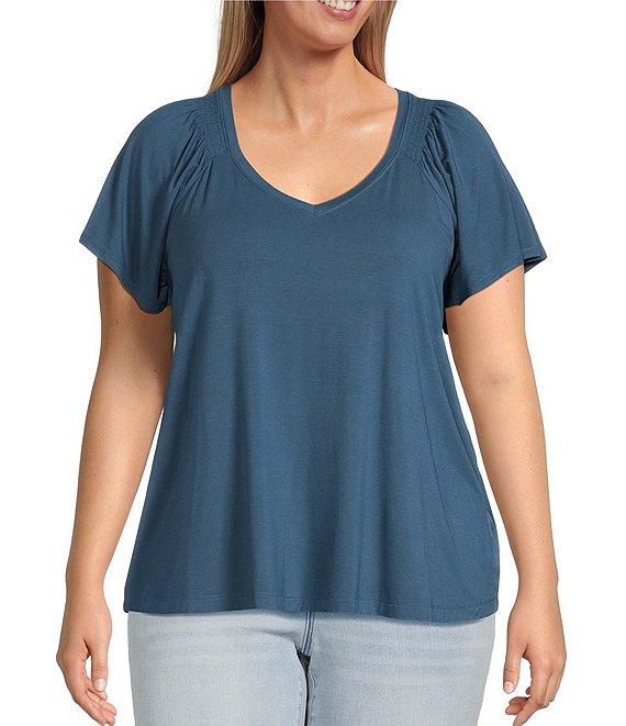 Liverpool Los Angeles Plus Size Jersey Knit V-Neck Short Flutter Sleeve Shirred Top Product Image