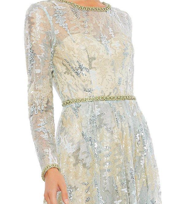 Mac Duggal Crew Neck Floral Embellished Long Sleeve A-Line Gown Product Image