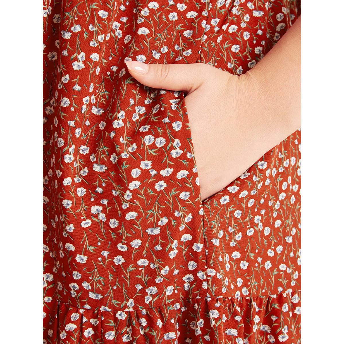 Plus Size Ditsy Floral Pocket Layered Patchwork Crew Neck Dress Russet Women Elegant Printed Round Neck Short sleeve Curvy Midi Dress BloomChic 22-24/3X Product Image