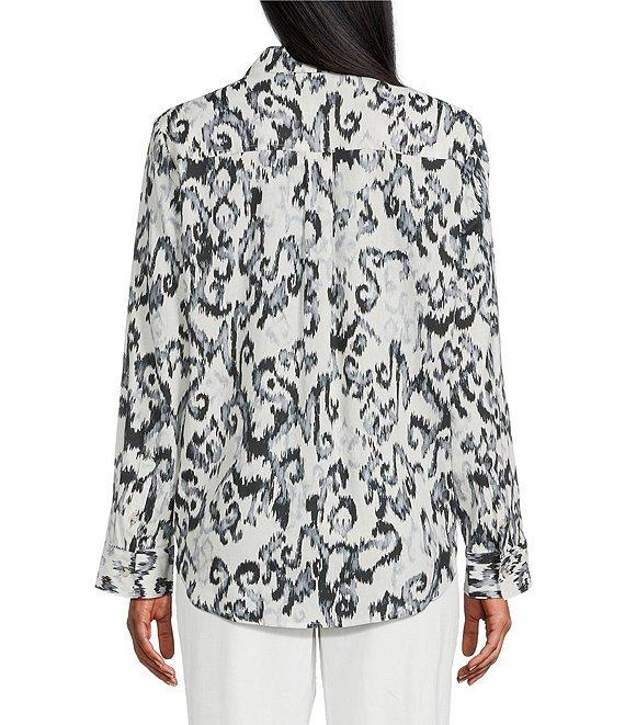 Investments Woven Black White Ikat Long Sleeve Point Collar Button Front Top Product Image