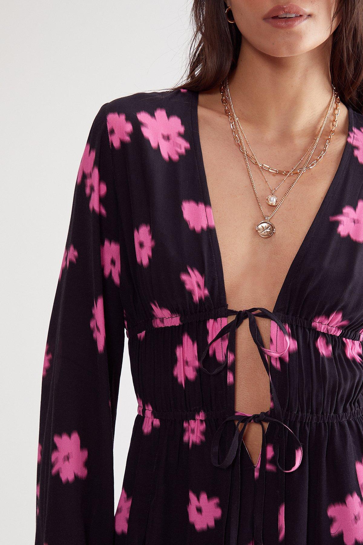 Ditsy Floral Ruched Tie Fluted Sleeve Mini Dress Product Image