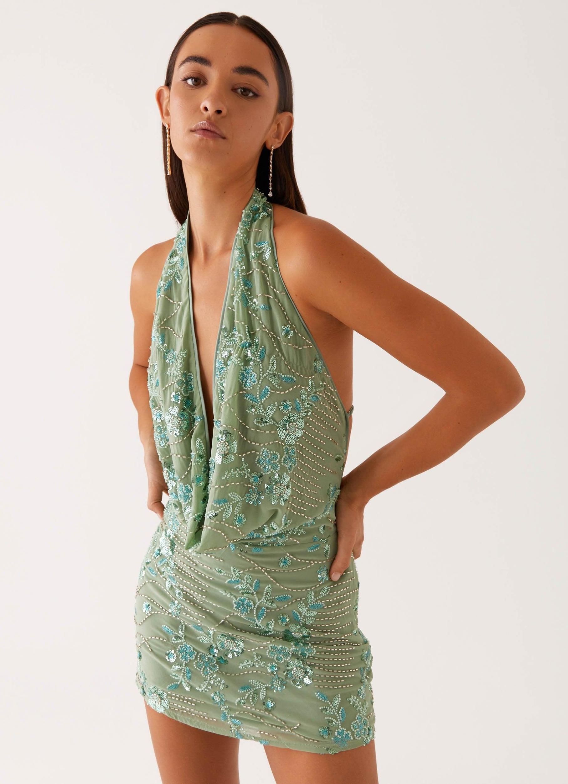 Olisa Cowl Neck Beaded Mini Dress - Mint Product Image