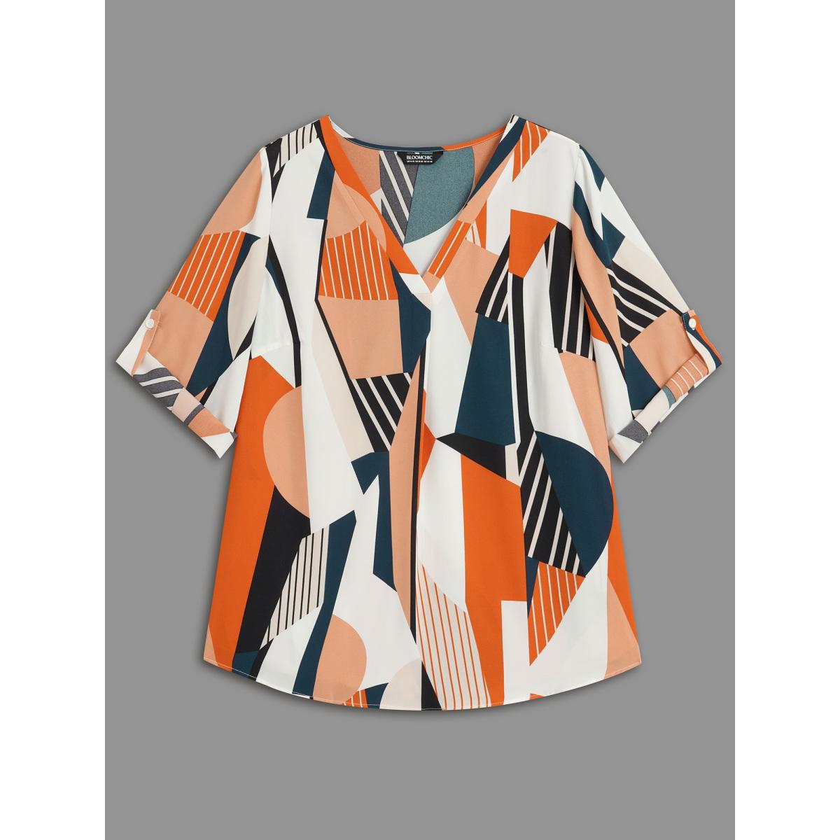 Plus Size Multicolor Abstract Print Tab Sleeve Blouse Women Office Elbow-length sleeve V-neck Office Blouses BloomChic 10/M Product Image