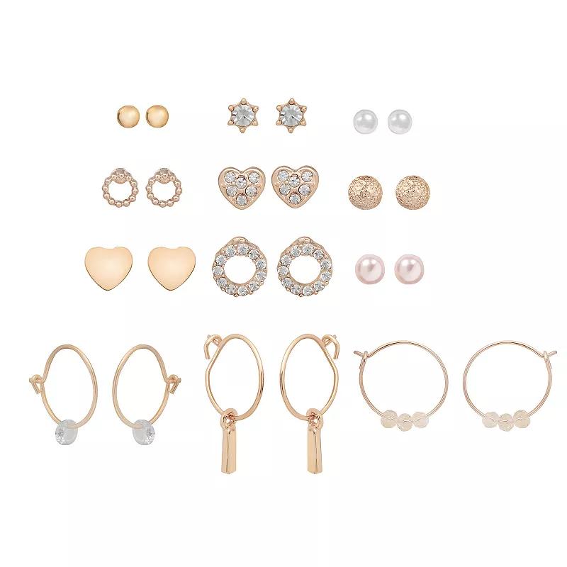 LC Lauren Conrad Gold Tone Crystal & Simulated Pearl Pave Icon Earrings 12-pack Set, Women's, Clear Product Image