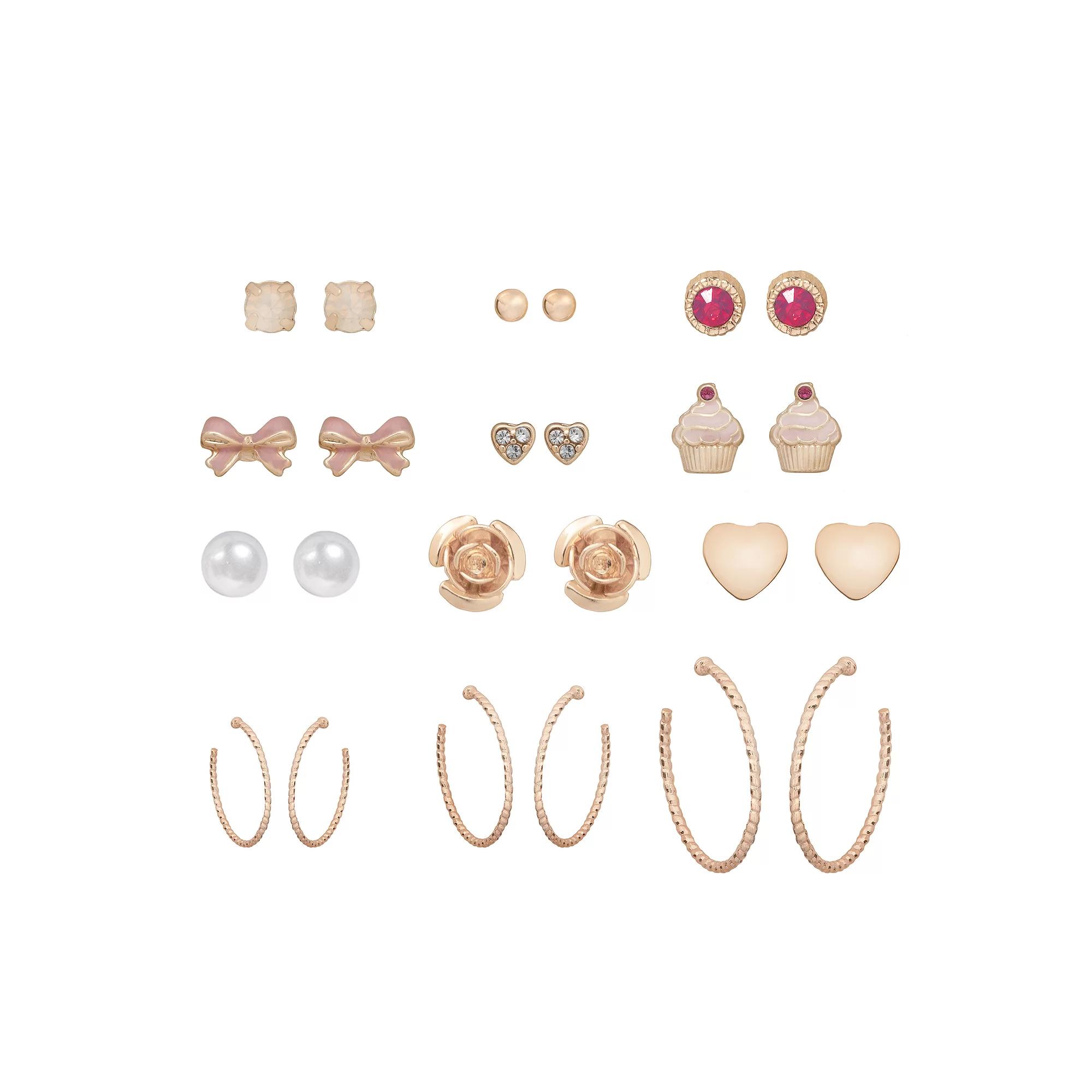 LC Lauren Conrad Rose Gold Tone Crystal & Simulated Pearl Cupcake Earrings 12-pack Set, Women's, Pink Product Image