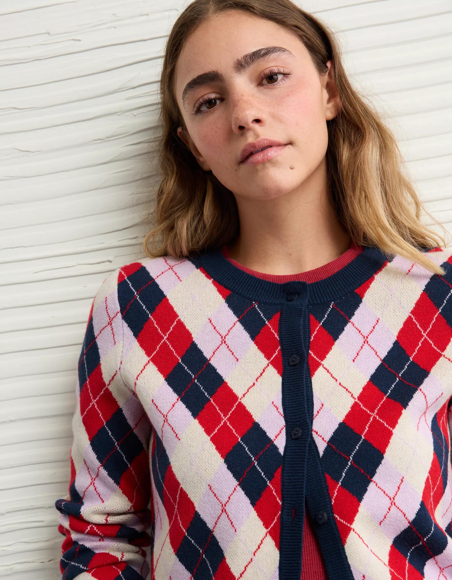 AE x The Summer I Turned Pretty Crew Neck Argyle Cardigan Product Image