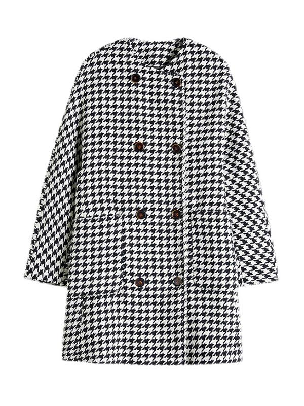 Loose Houndstooth Buttoned Round-Neck Long Sleeves Woolen Coat Product Image