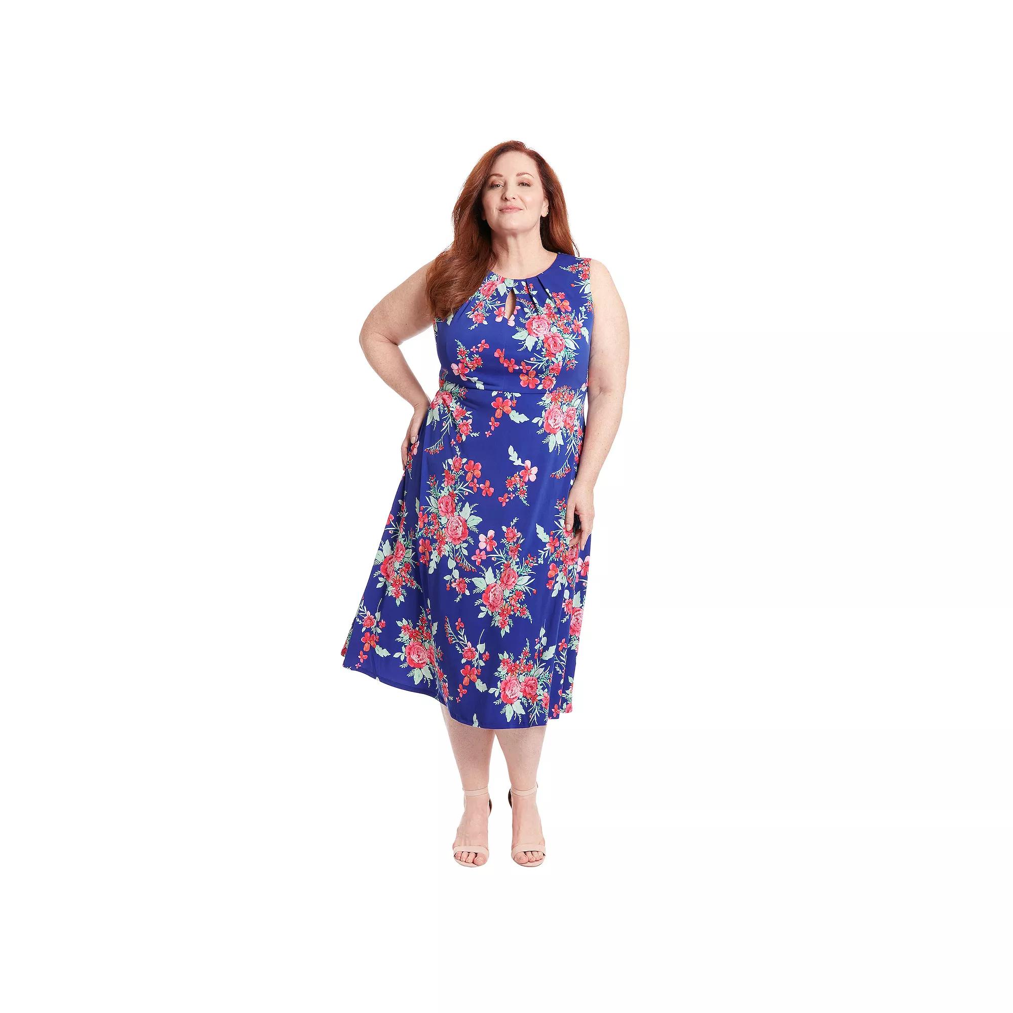 Plus Size London Times Keyhole Midi Dress, Women's, Size: 22 W, Blue Pink Product Image