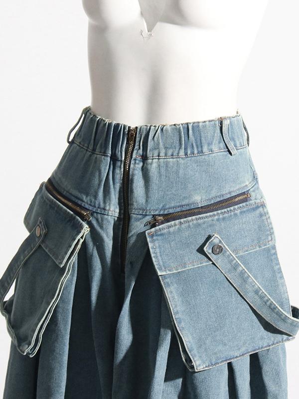 Loose Wide Leg Pleated Pockets Split-Joint Zipper Jean Pants Bottoms Product Image