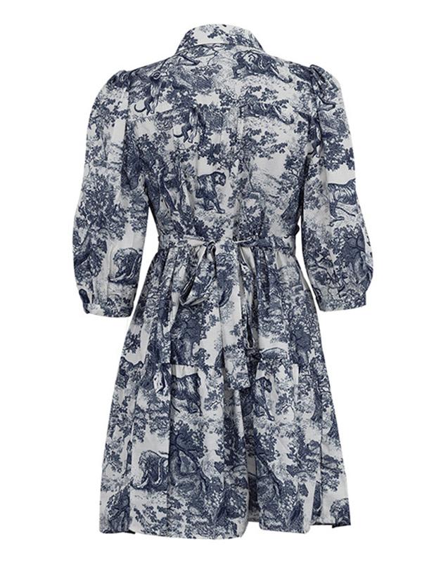 Loose Puff Sleeves Pleated Printed Split-Joint Tied Waist Lapel Mini Dresses Shirt Dress Product Image