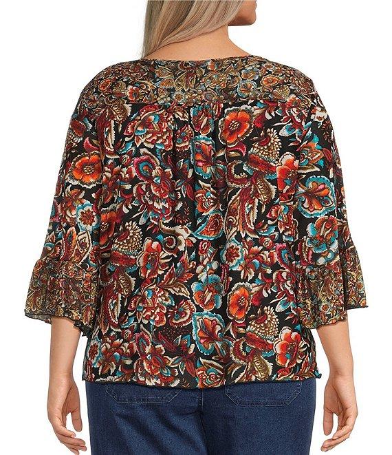 Intro Plus Size Soft Mesh Graphic Jacobean Print 3/4 Romantic Sleeve Top Product Image