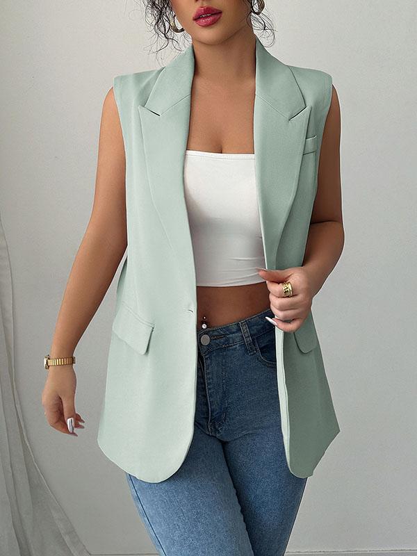 Loose Sleeveless Buttoned Pockets Notched Collar Blazer Vest Top Product Image