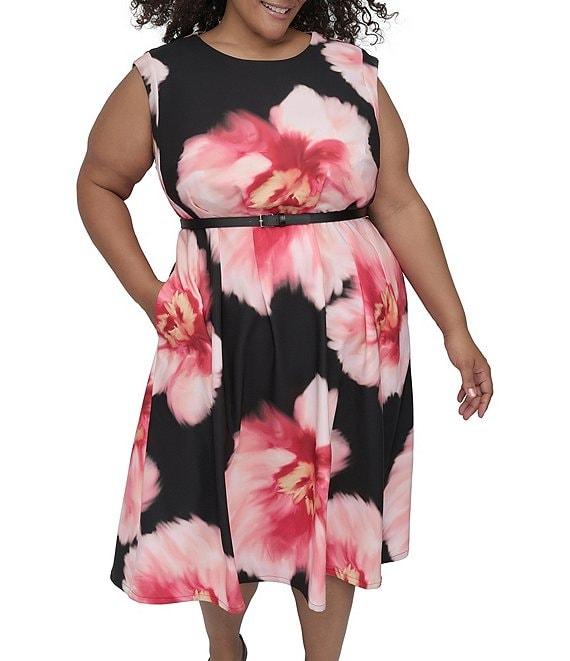 DKNY by Donna Karan Plus Size Crew Neck Cap Sleeve Belted Fit and Flare Dress Product Image