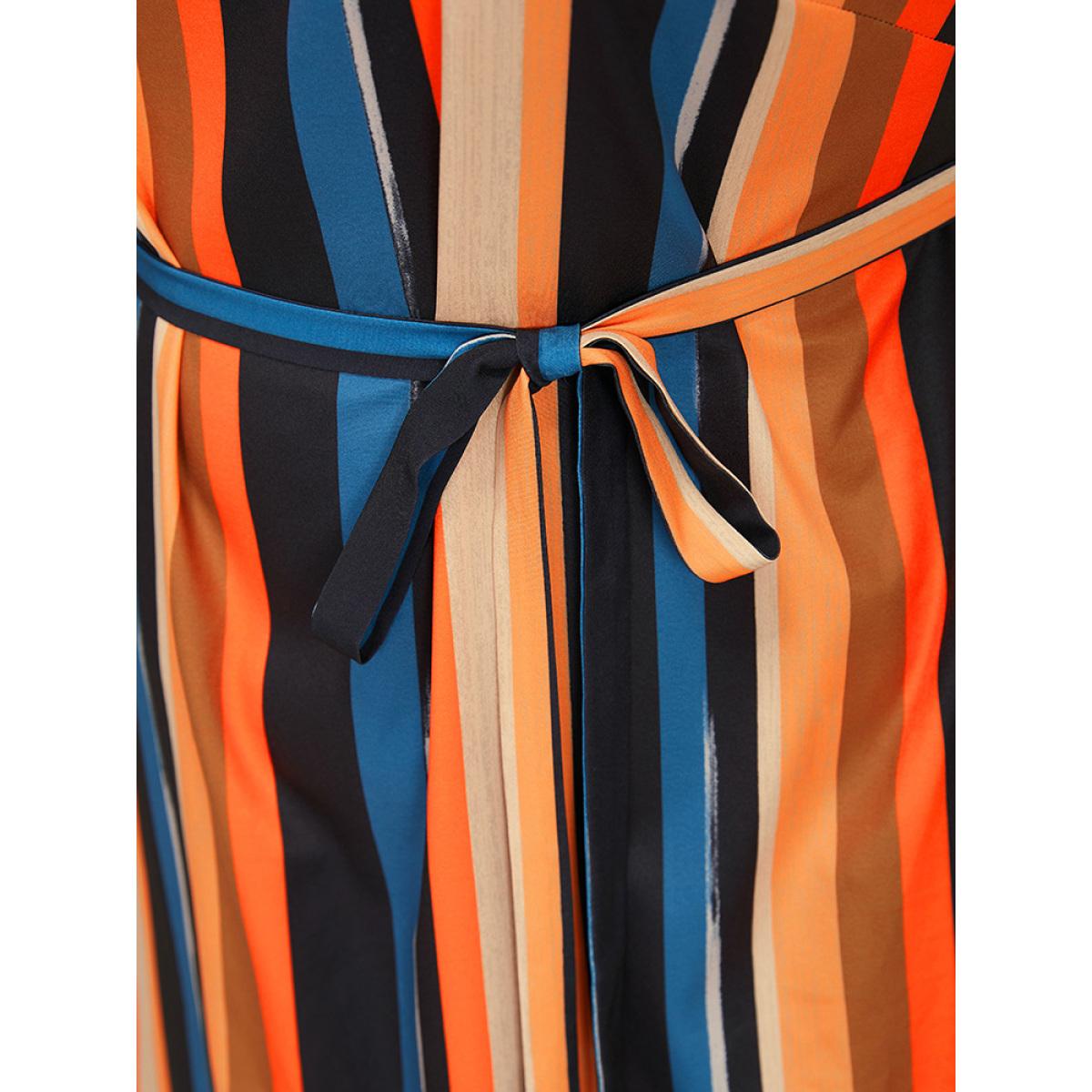 Plus Size Rainbow Striped Batwing Sleeve Pocket Belt Dress Multicolor Women Vacation Contrast V-neck Short sleeve Curvy Knee Dress BloomChic 30/6X Product Image