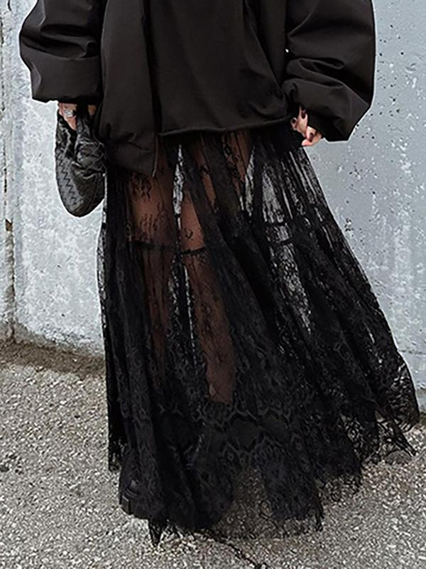 A-Line High Waisted Elasticity Hollow Jacquard Mesh See-Through Split-Joint Skirts Bottoms Product Image