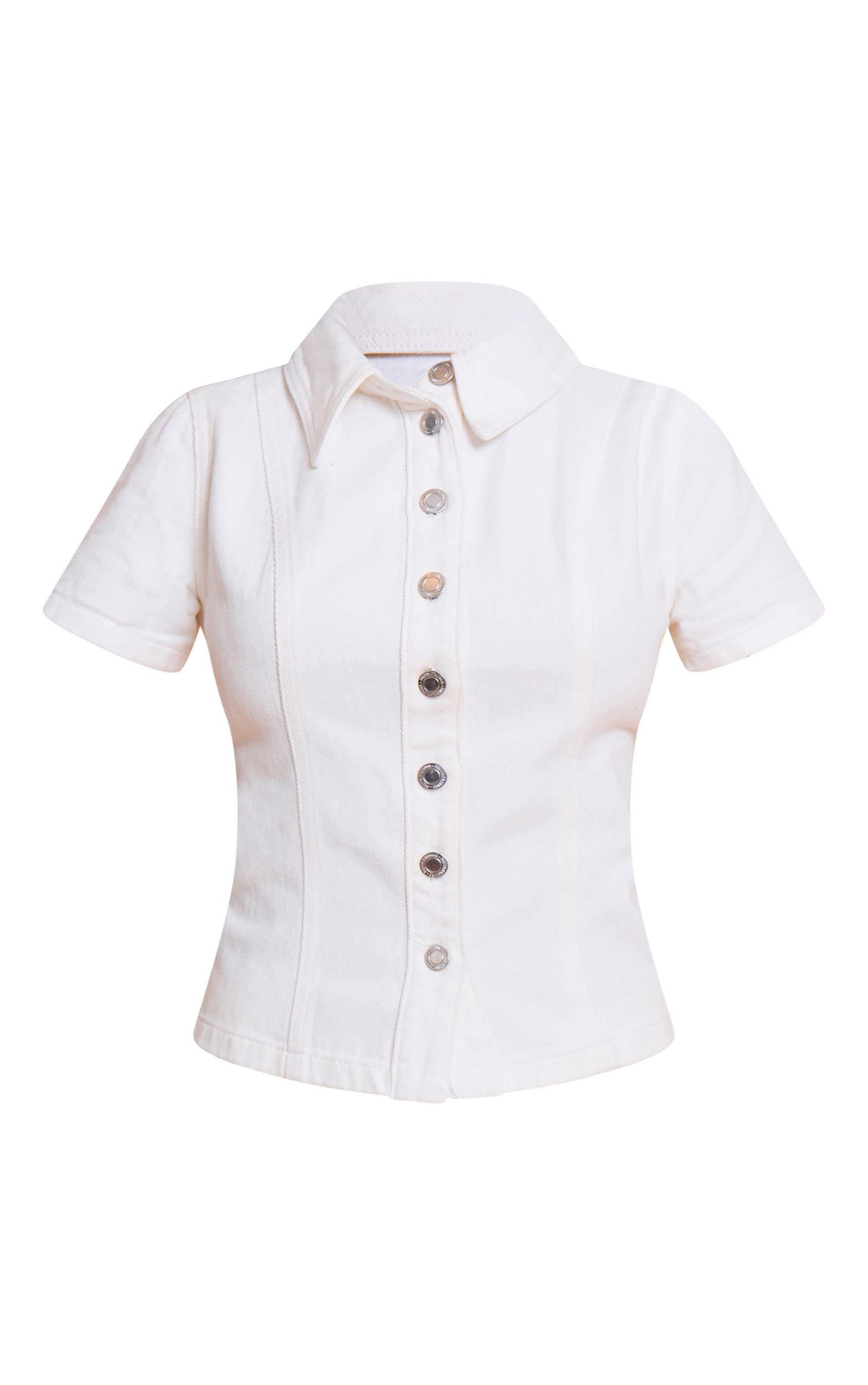 Petite White Denim Button Up Short Sleeve Shirt Product Image