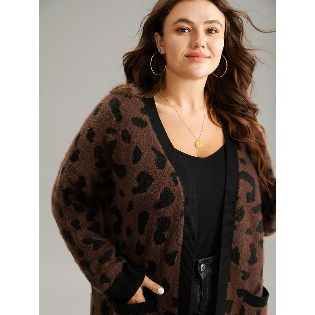 Plus Size Leopard Contrast Open Front Jacquard Cardigan DarkBrown Women Casual Loose Long Sleeve Everyday Cardigans BloomChic 12/L Product Image