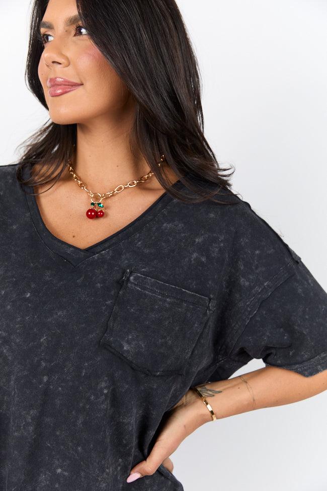 When We Meet Black Oversized Acid Wash V-Neck Tee Product Image