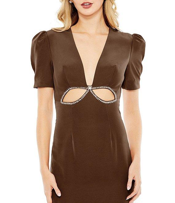 Mac Duggal Plunge V Neck Puff Sleeve Cut Out Gown Product Image