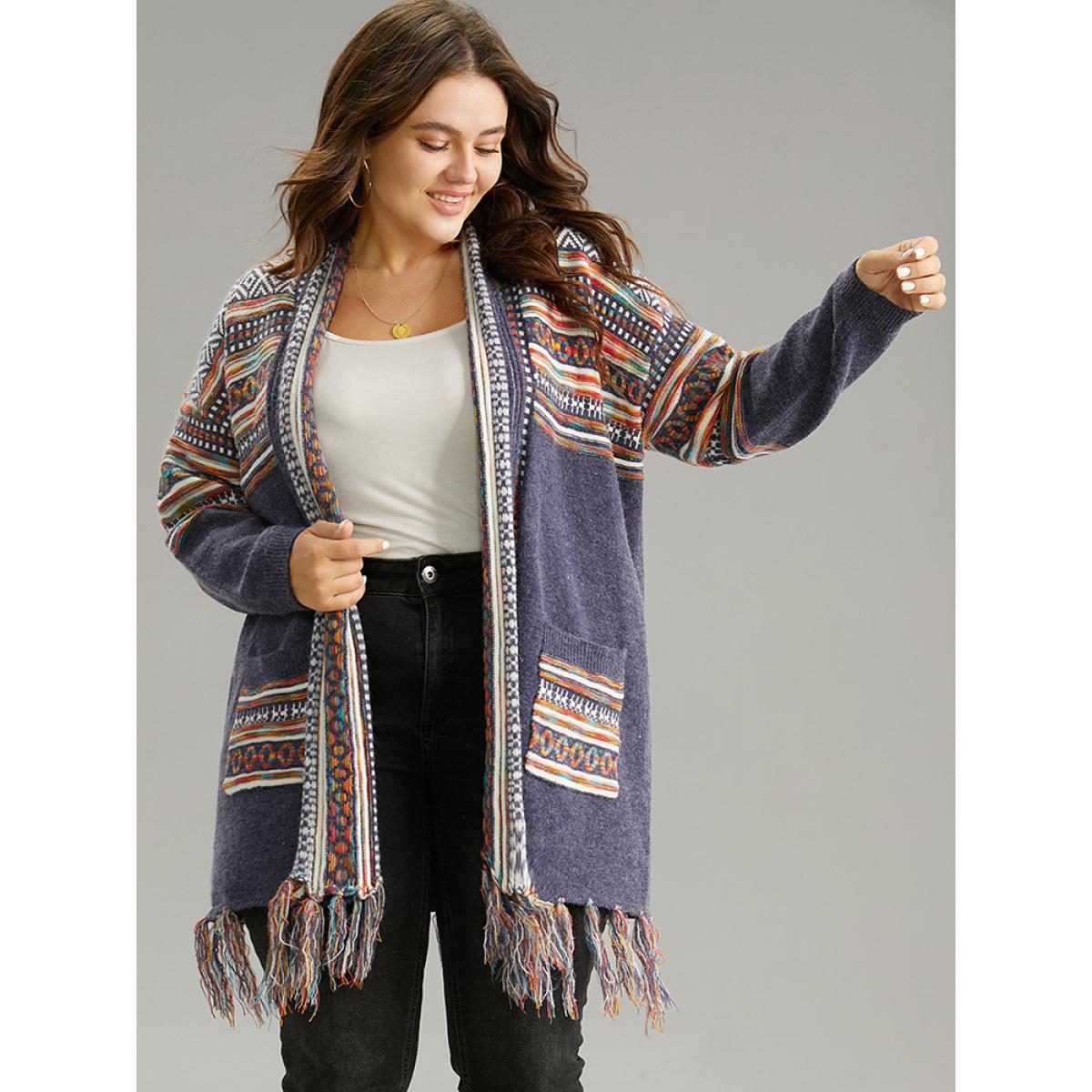 Plus Size Supersoft Essentials Bandana Tassel Trim Cardigan Indigo Women Casual Loose Long Sleeve Everyday Cardigans BloomChic 30/6X Product Image