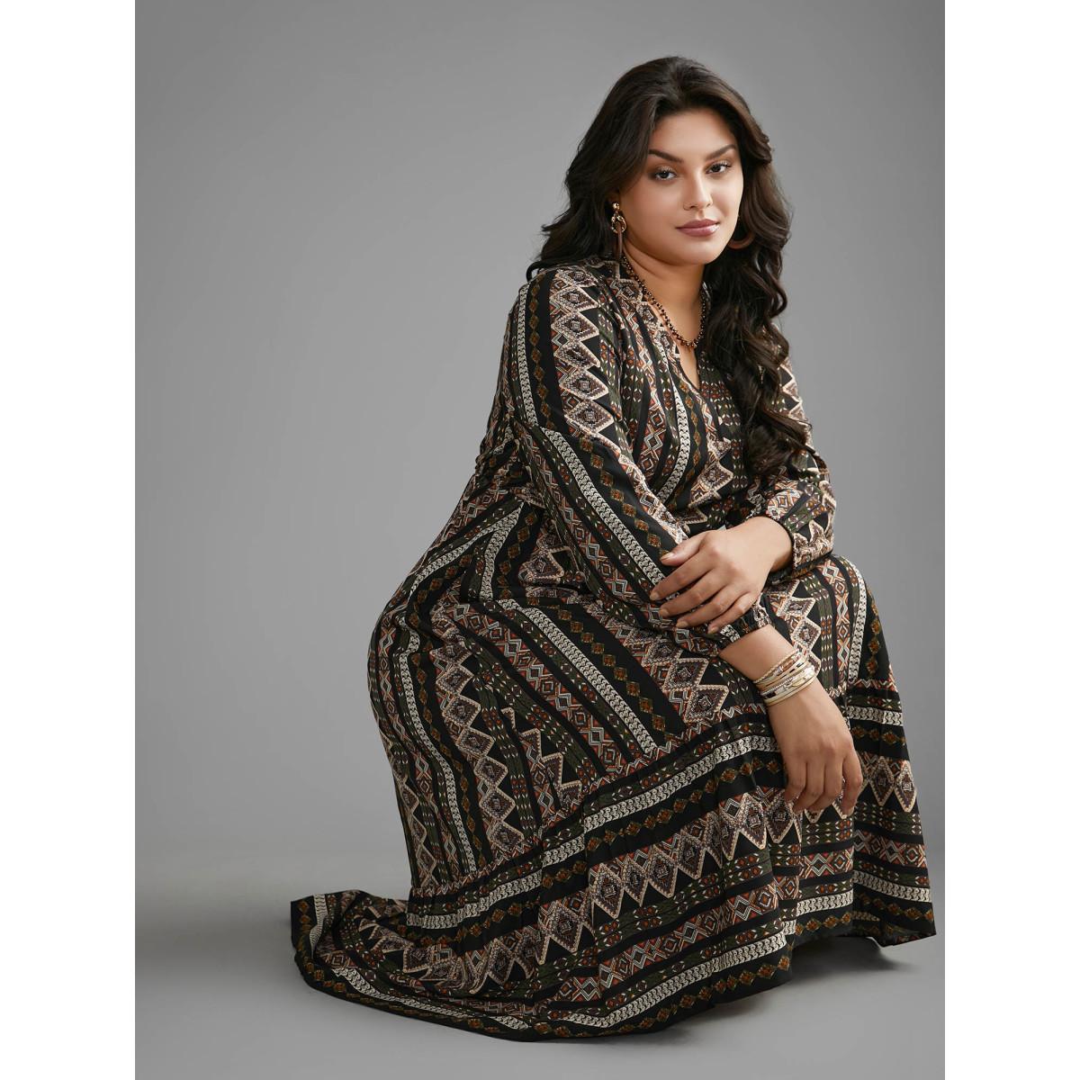 Plus Size Bandana Lantern Sleeve Ruffle Hem Dress Black Women Resort Non Notched collar Long Sleeve Curvy BloomChic 28/5X Product Image