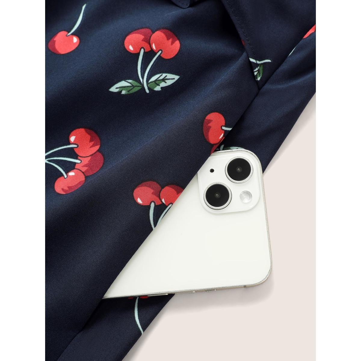 Plus Size Citrus Fruit Print Tie Knot Gathered Puff Sleeve Dress DarkBlue Women Elegant Tie knot V-neck Short sleeve Curvy Midi Dress BloomChic 18-20/2X Product Image