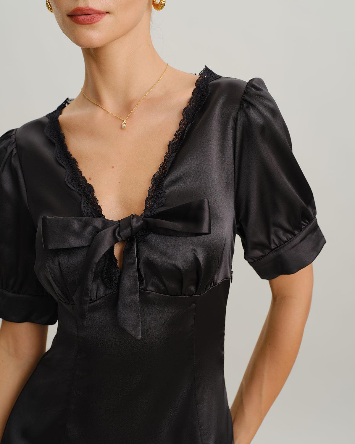 Black V Neck Satin Mini Dress Product Image