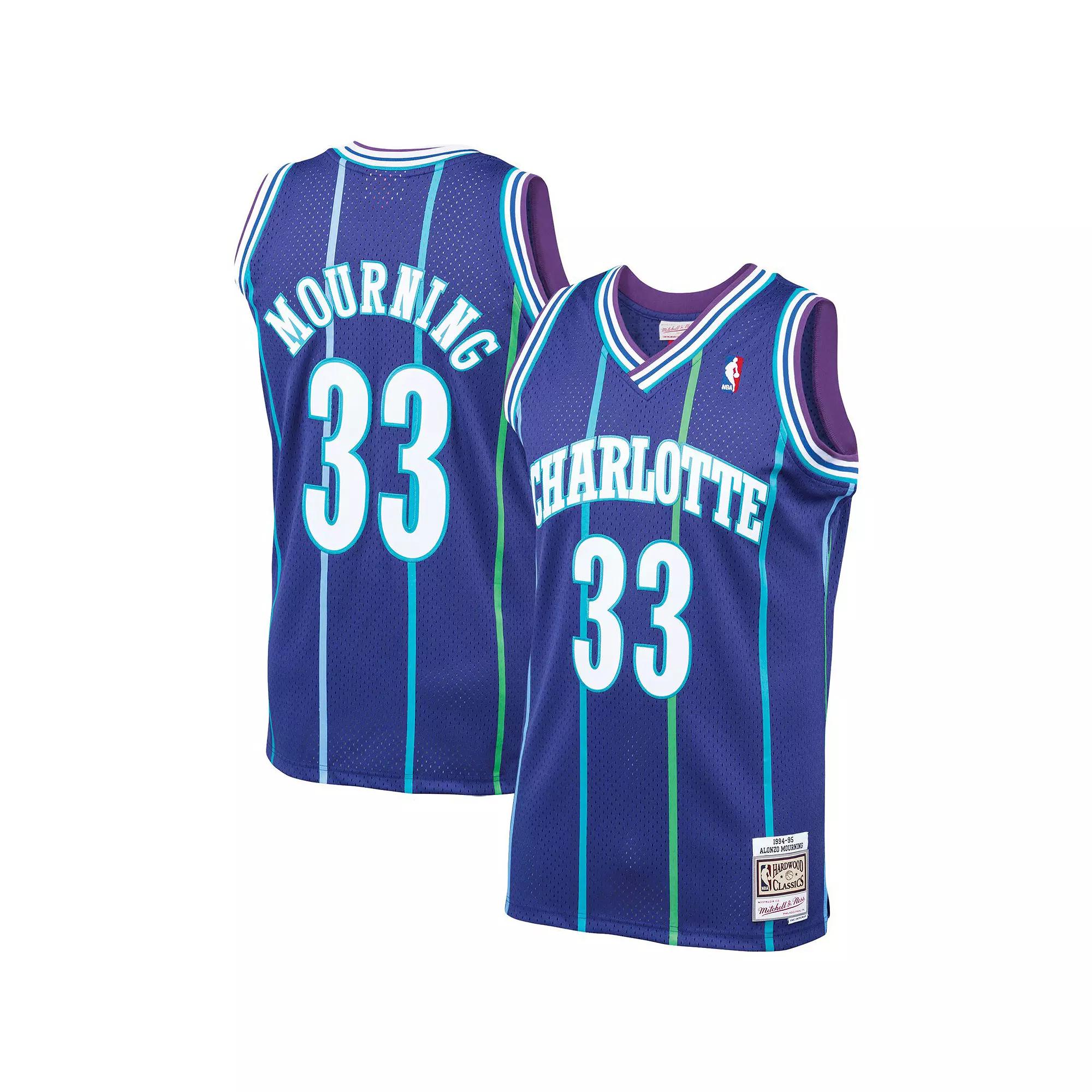 Mens Mitchell & Ness Alonzo Mourning Purple Charlotte Hornets Hardwood Classics Swingman Jersey Product Image