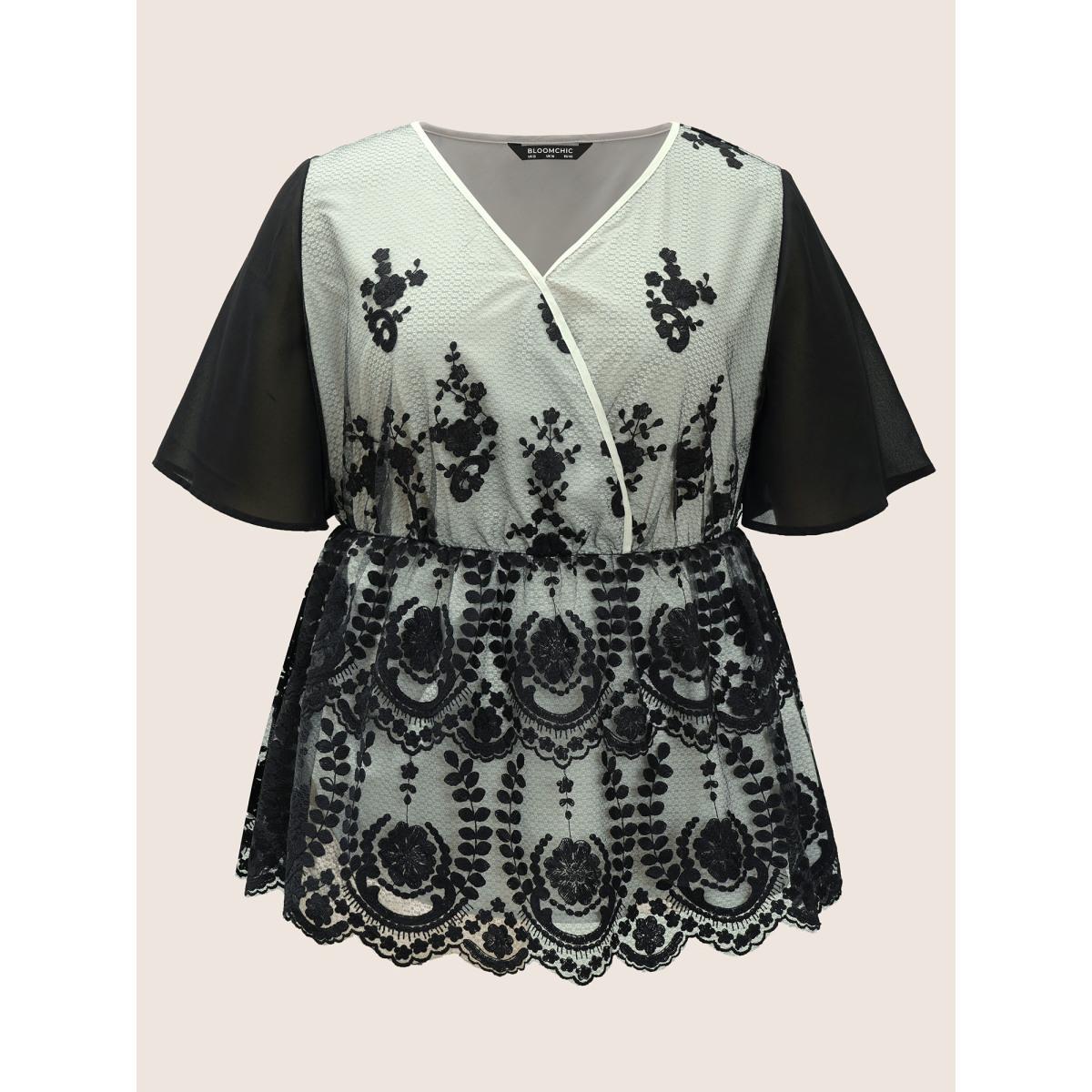 Plus Size Black Boho Print Lace Panel Mesh Wrap Blouse Women Cocktail Short sleeve Overlap Collar Party Blouses BloomChic 14-16/1X Product Image