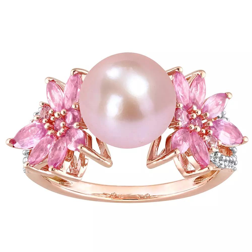 Stella Grace 14k Rose Gold Dyed Pink Freshwater Cultured Pearl, Pink Sapphire & 1/8 Carat T.W. Diamond Flower Ring, Women's,  Product Image