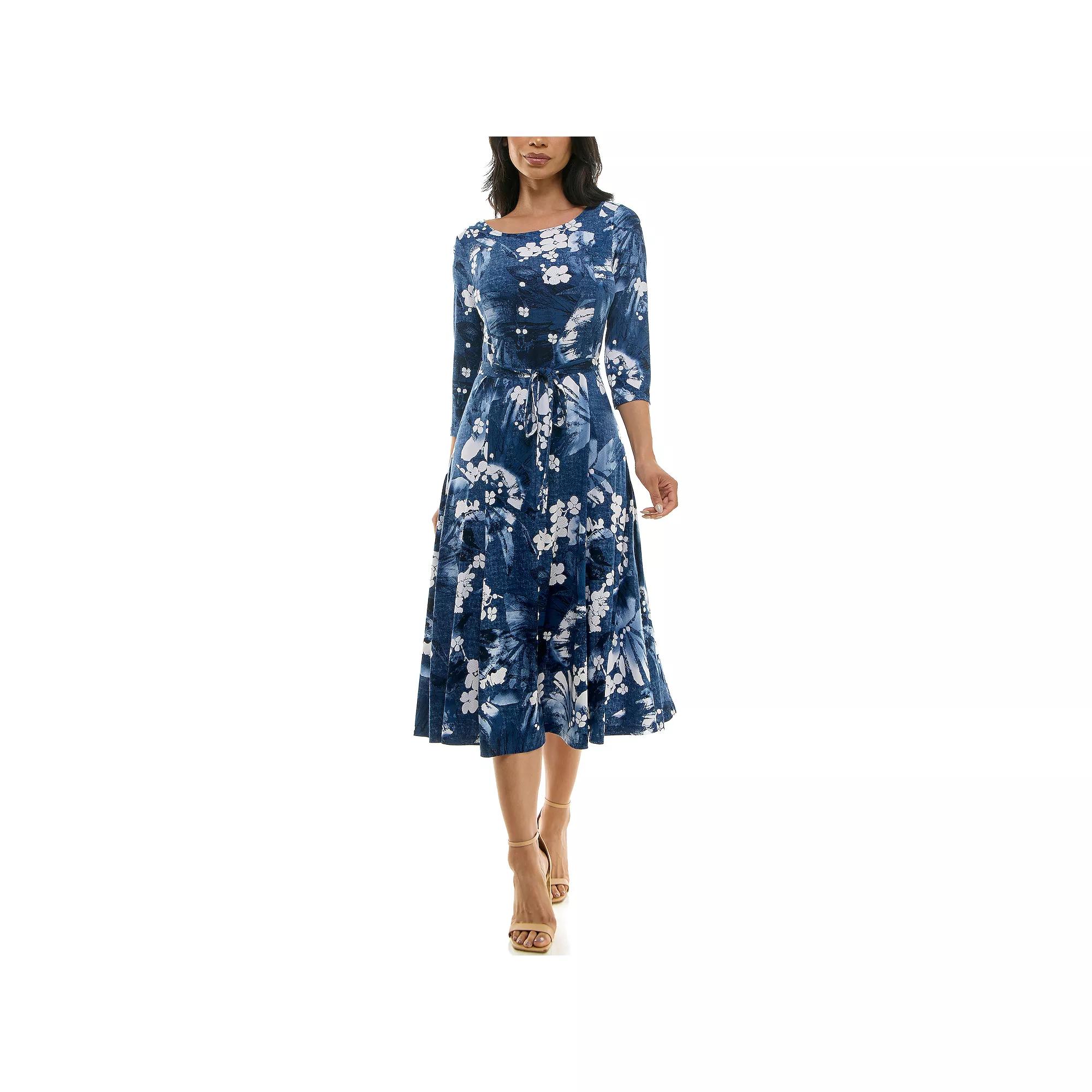 Women's Nina Leonard Belted 3/4 Sleeve Print Midi Dress, Size: Small, Blue Blue Ivory Product Image