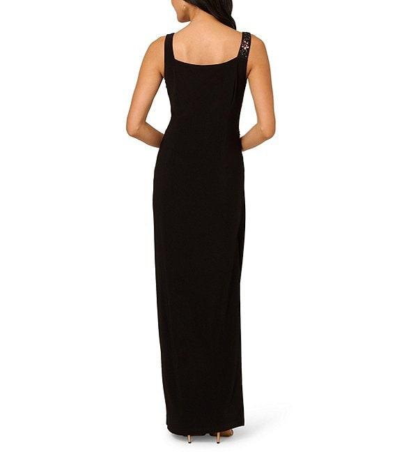Adrianna Papell Asymmetrical Neck Sleeveless Floral Beading Side Ruched Jersey Column Gown Product Image