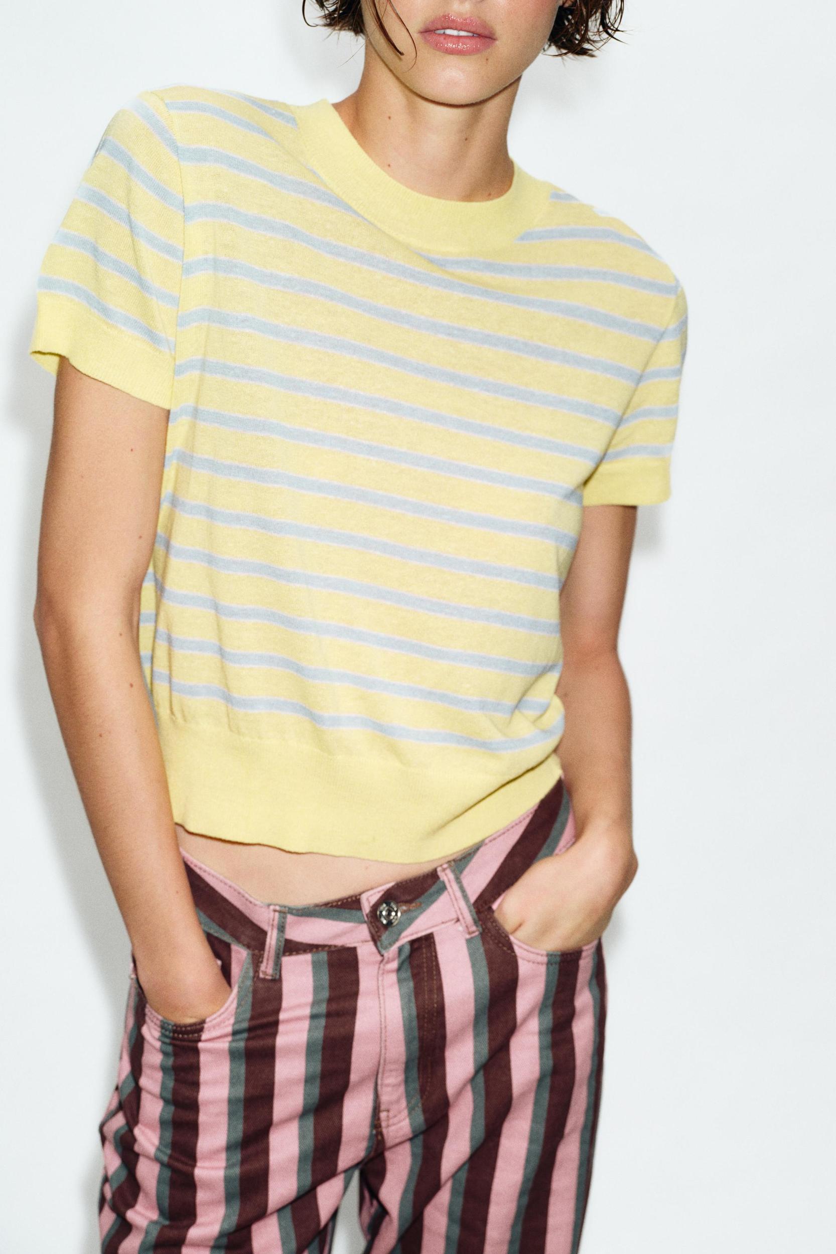 STRIPED SHORT SLEEVE KNIT SWEATER Product Image