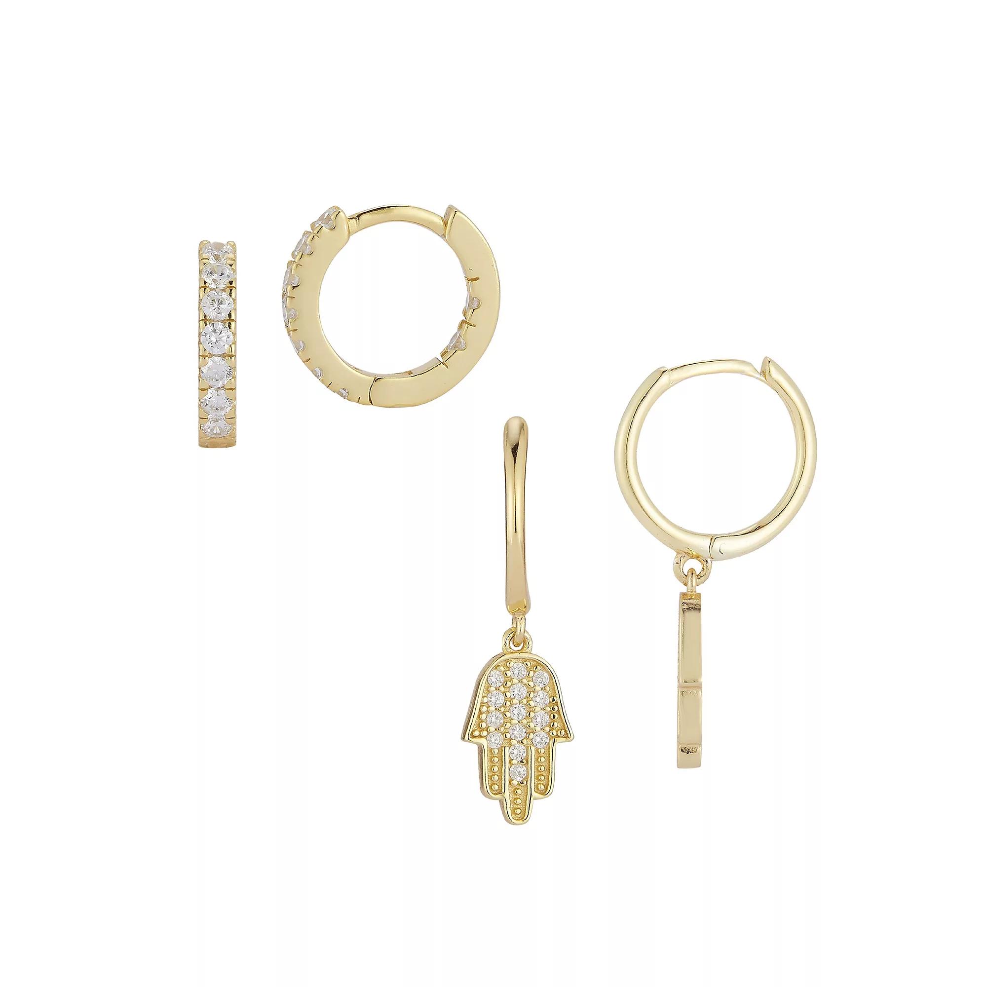 Sunkissed Sterling Cubic Zirconia Hamsa Hoop Drop Earring Duo Set, Women's, Gold Tone Product Image