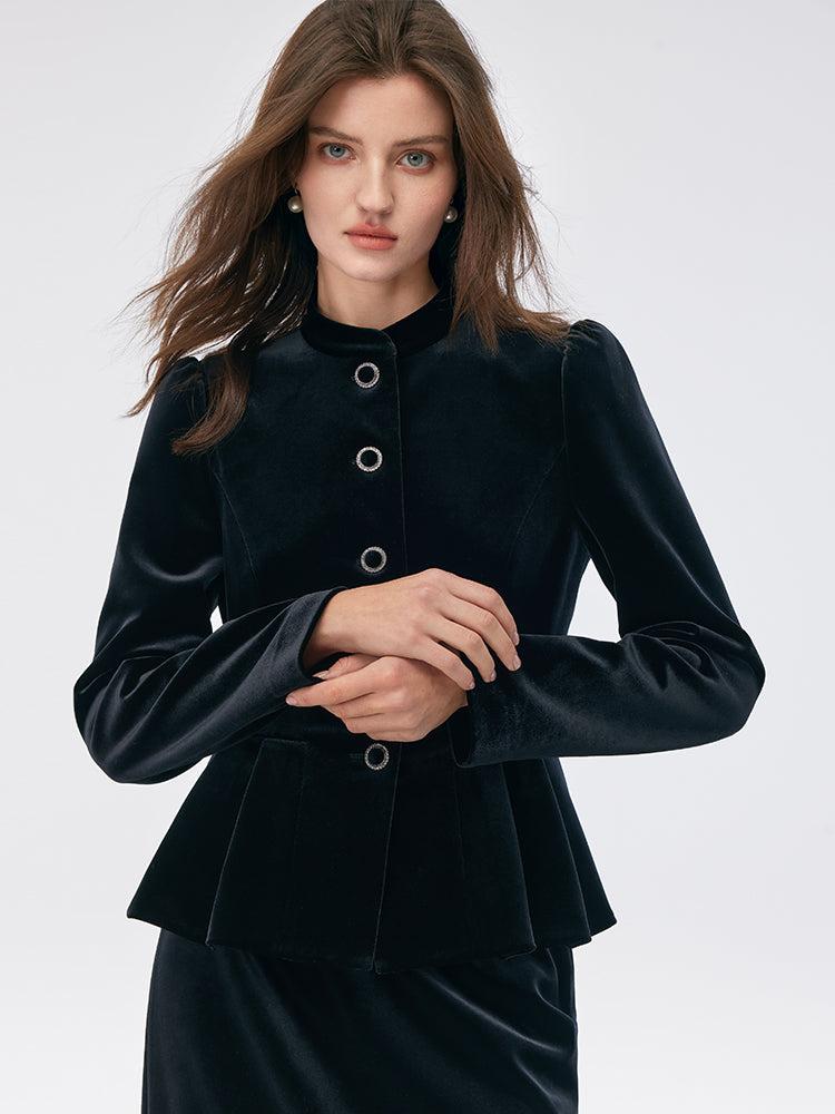 Velvet Mandarin Collar Ruffle Hem Jacket And Back Slit Skirt Two-Piece Product Image