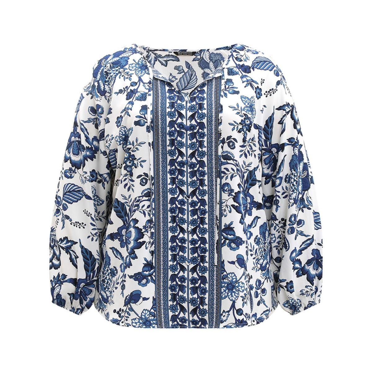 Plus Size Navy Boho Print Knot Neck Lantern Sleeve Blouse Women Vacation Long Sleeve Tie Neck Dailywear Blouses BloomChic 22-24/3X Product Image