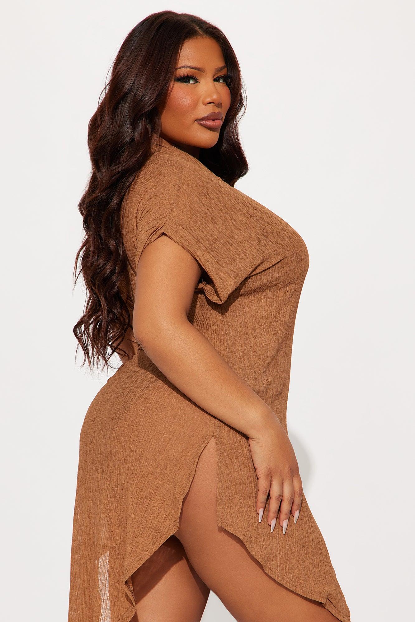 Summer Breeze Button Up Plisse Cover Up Shirt Dress- Mocha Product Image