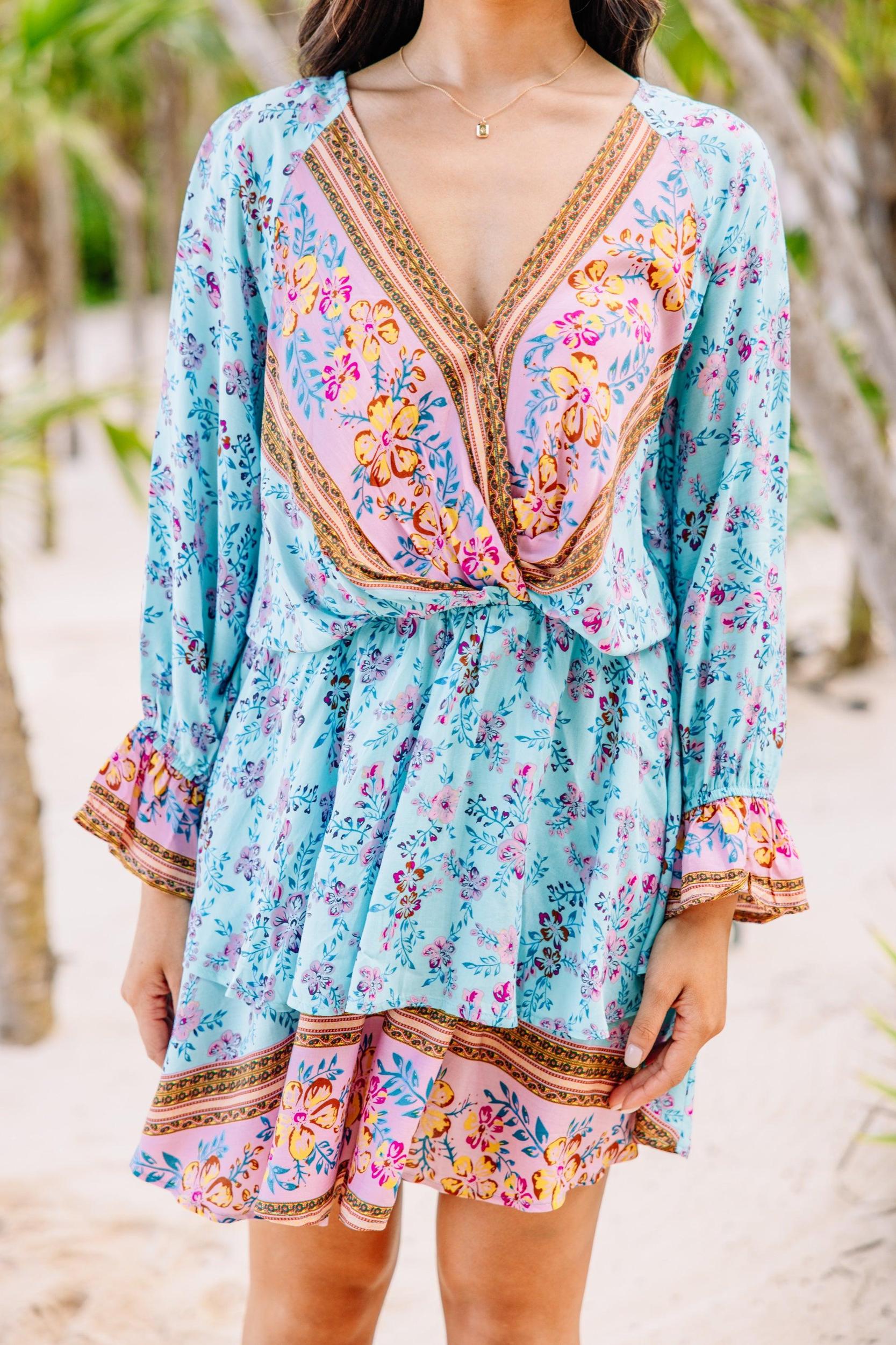 Make The News Aqua Blue Mixed Print Dress Female Product Image