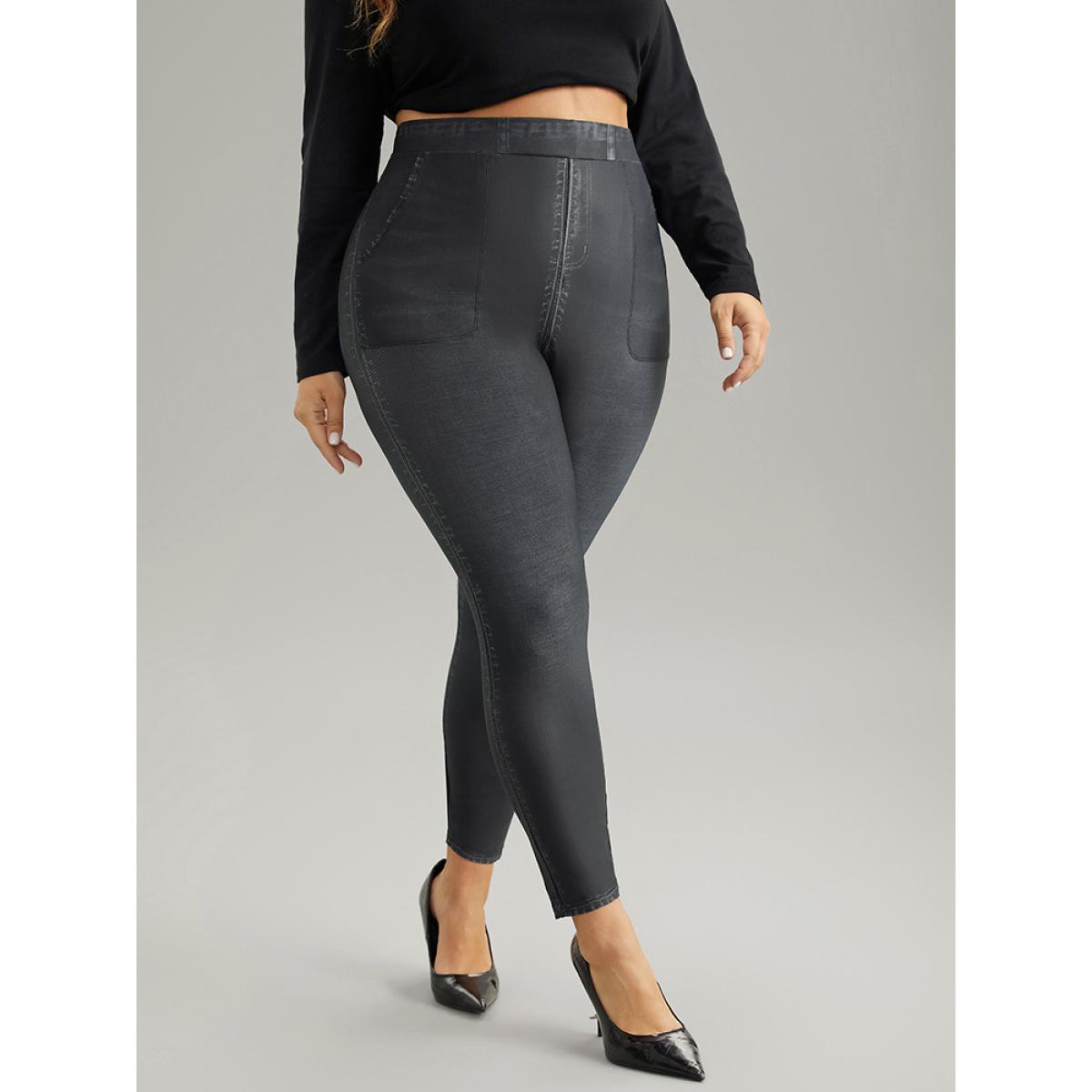 Plus Size Denim Effect Print Pocket Leggings Women Black Casual High stretch Skinny High Rise Dailywear Leggings BloomChic 28/5X Product Image