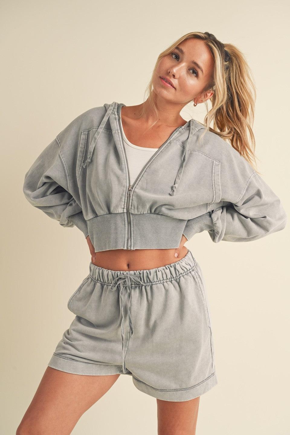 Mineral Washed Zip Up Cropped Hoodie Product Image