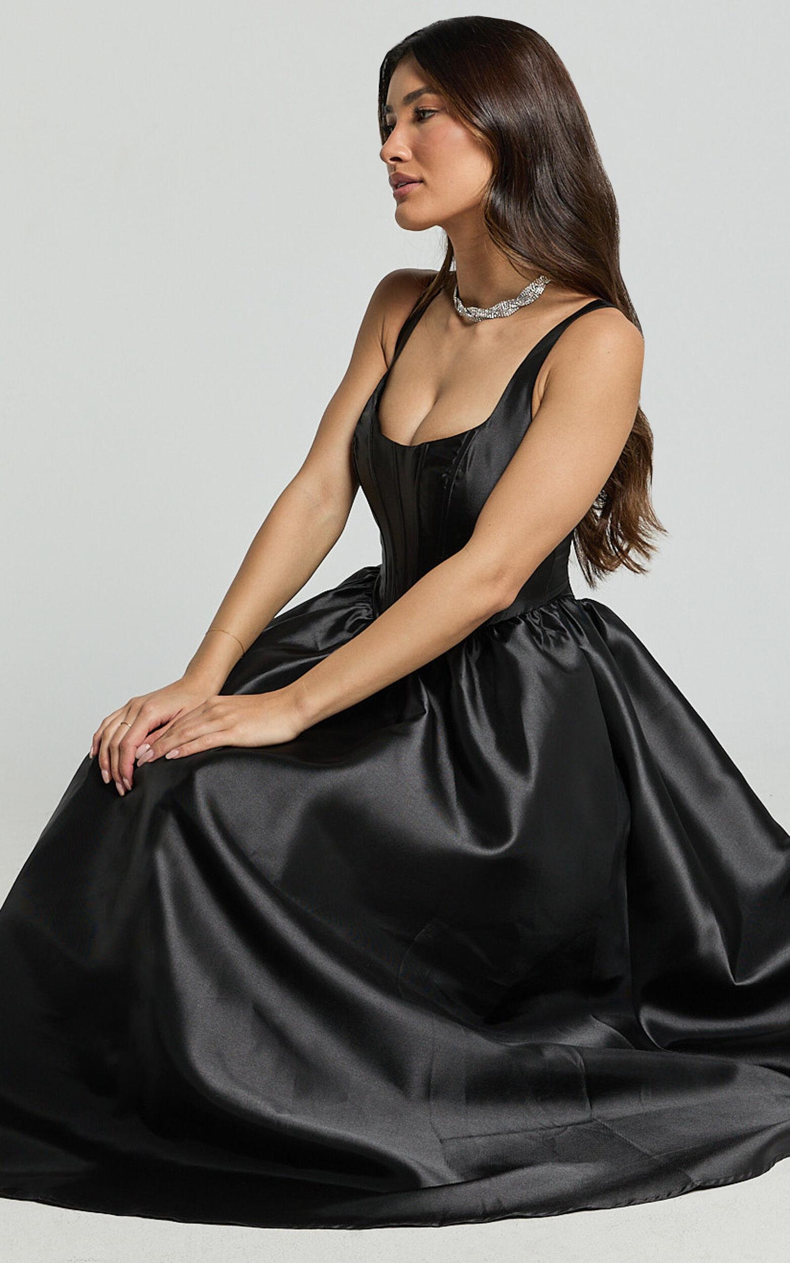 Courtney Midi Dress - Corset Panel Low Back Dress in Black Product Image