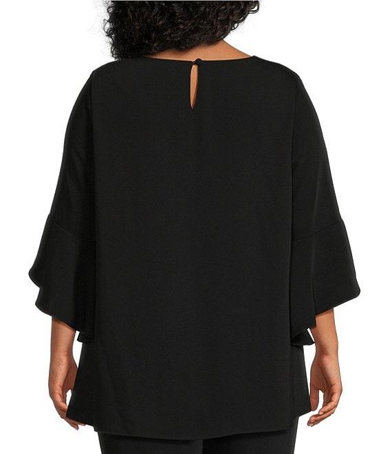 Caroline Rose Plus Size Julia Matte Crepe Round Neck 3/4 Ruffled Sleeve High-Low Hem Top Product Image