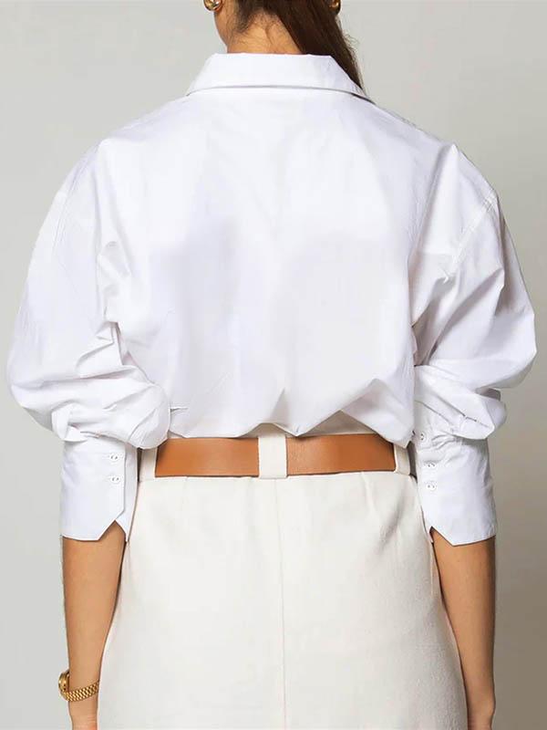 Long Sleeves Loose Buttoned Pockets Solid Color Lapel Blouses&Shirts Tops Product Image